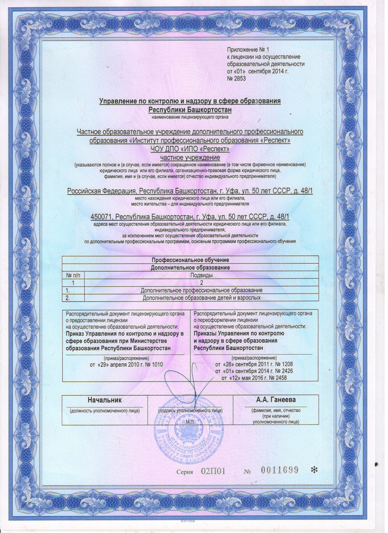 Приложение к лицензии